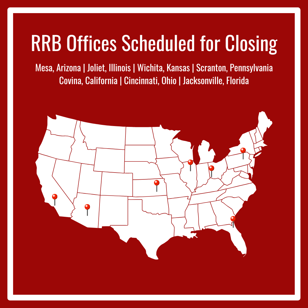 Map featuring the seven RRB offices that may be closed.